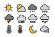 © NanieStudio - Weather icon collection with filled line style. For meteorology forecast app, web, UI design. Vector set includes sun, cloud, rain, snow, storm, wind, moon, thermometer.