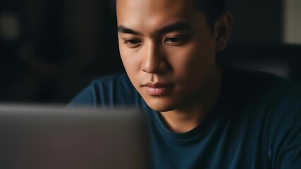 A close-up shot of a person focused on a laptop in a dimly lit room. The face is illuminated by the screen. The background is dark, enhancing the concentration.