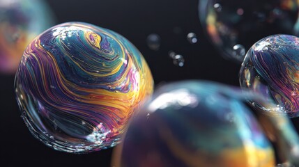 Canvas Print - Close-Up of Swirling Iridescent Soap Bubbles Against Dark Background