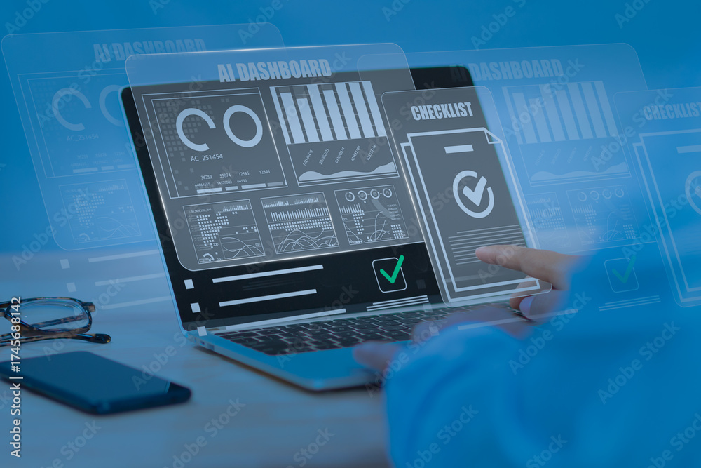 Professional using AI dashboard with holographic checklist overlay on ...