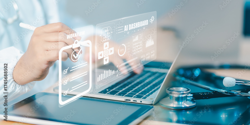 Doctor using AI dashboard on laptop with holographic checklist overlay ...