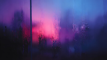 Wall Mural - A dreamy, ethereal sunrise view through a fogged window, with vibrant pink and purple hues blending in the background.