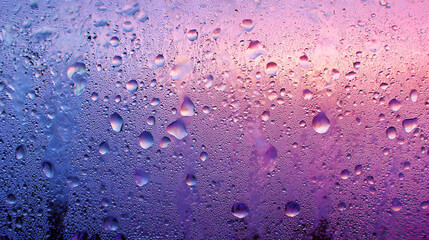 Wall Mural - Abstract close-up of water droplets on a glass surface, reflecting a beautiful gradient of pink and blue hues.
