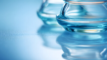 Wall Mural - Close-up of two elegant glass jars reflecting soft blue light, creating a tranquil atmosphere.