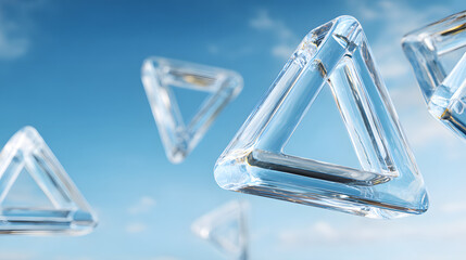 Wall Mural - Floating crystal triangles create a surreal effect in a vibrant blue sky.