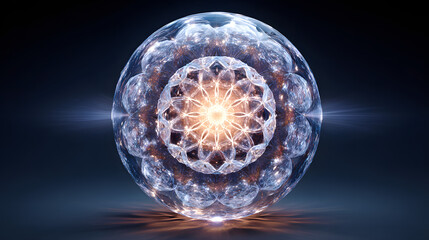 Wall Mural - A mesmerizing spherical fractal design emitting a radiant light, creating an ethereal and mystical atmosphere.