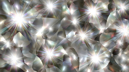Wall Mural - A shimmering abstract pattern of silver and light with vibrant star-like bursts, creating a dynamic and ethereal atmosphere.
