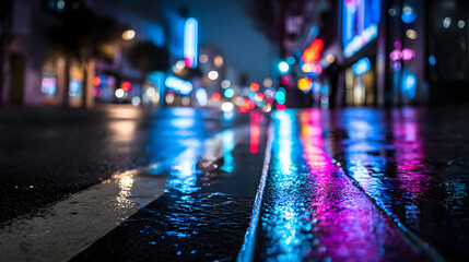 Wall Mural - A vibrant urban street scene at night, reflecting colorful neon lights on wet pavement.