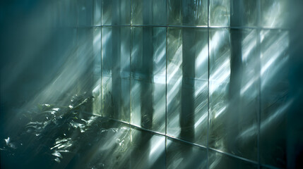 Wall Mural - A serene close-up of light filtering through glass, casting soft reflections and shadows on greenery.