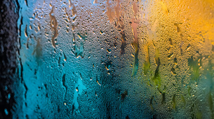 Wall Mural - Close-up of a condensation-covered glass with vibrant colors blurred in the background, creating an abstract, dreamy effect.