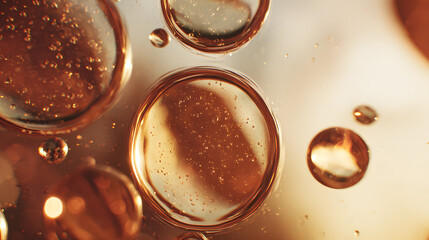 Wall Mural - Close-up of round, translucent bubbles floating through a warm, amber glow.