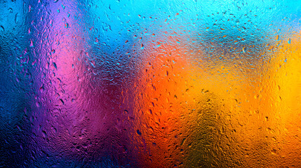 Wall Mural - An abstract view of vibrant colors through a raindrop-streaked glass, creating a beautiful fusion of blue, purple, and orange hues.