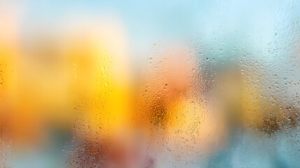 Wall Mural - Colorful blurred background seen through a rain-soaked window, creating a dreamy atmosphere.