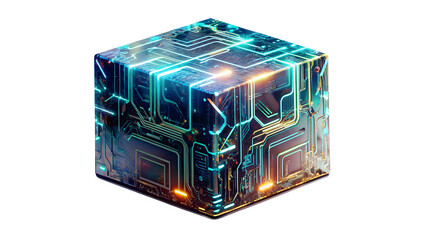 Detailed cube with glowing circuit lines, representing cuttingedge technology isolated on transparent background