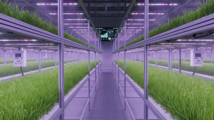 Wall Mural - Medium shot inside a greenhouse filled with rows of thriving fodder plants under controlled light and temperature conditions
