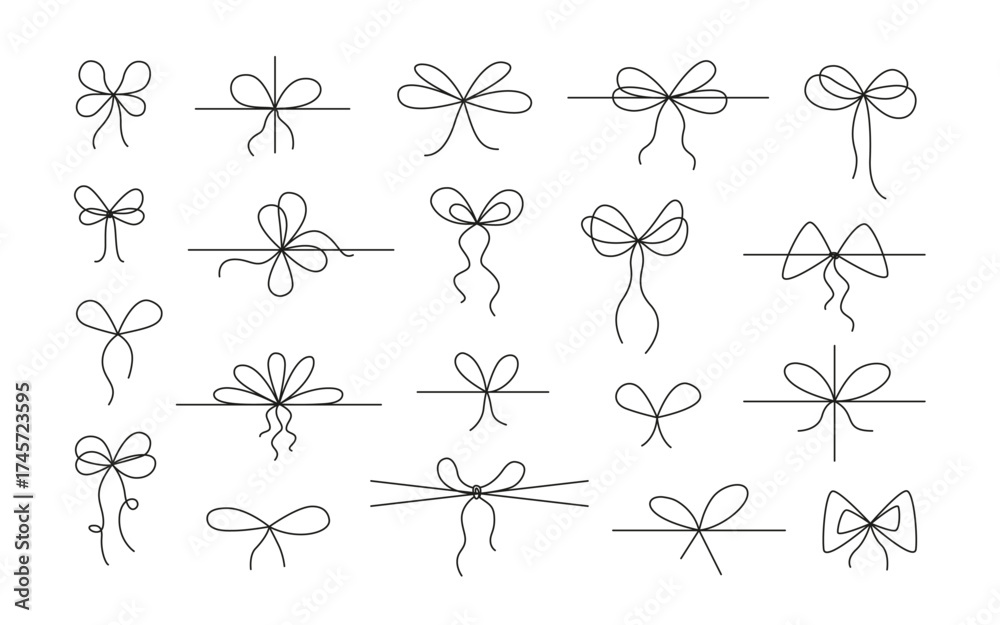 Line gift bow. Hand drawn ribbon with bow and knot, minimal doodle ...