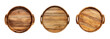 © STOCK AI - Three round wooden serving trays with handles displayed on a black background, perfect for food presentation and home decor PNG set Transparent backround