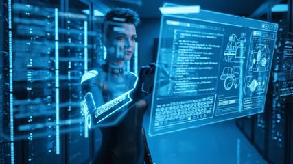 Futuristic Female Programmer Interacting with Virtual Technology