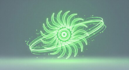 Abstract vibrant green glowing light art with swirling energy lines and particles on a dark background.