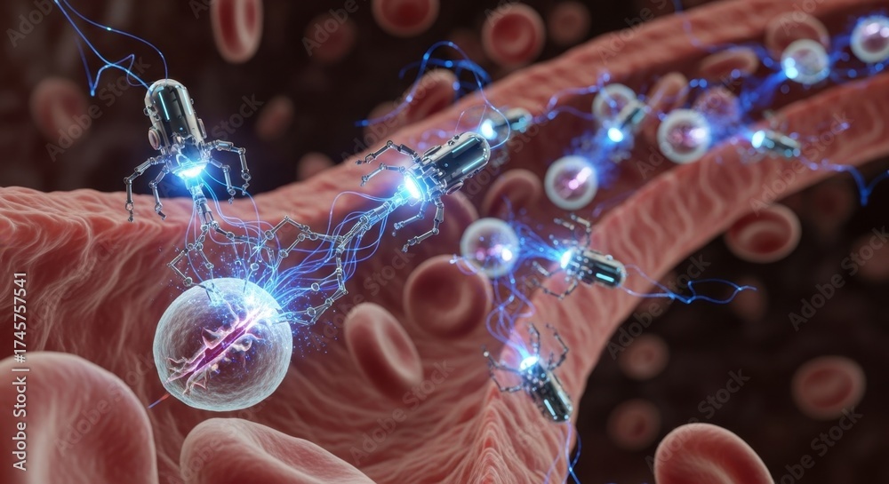 Nanorobots moving through a vein, engaging with a cell. Medical ...