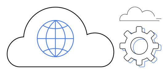 Globe inside a cloud outlines global connectivity, next to a cogwheel for technology functions. Ideal for cloud computing, data management, global connectivity, system integration, IT concepts