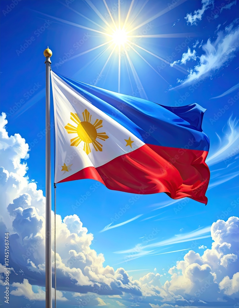 Philippine flag waving proudly in a vibrant blue sky filled with puffy ...