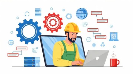 Man in hard hat working on laptop with gears and network icons isolated on white background