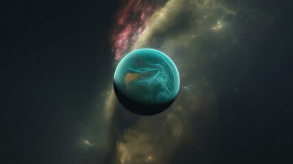 a vibrant planet floats in the vastness of space amidst a colorful nebula