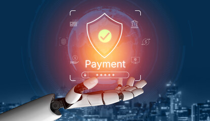 Wall Mural - An AI assistant manages a secure payment system, protecting online financial transactions. This smart gateway uses advanced fraud detection to ensure every payment is safe. Fermion