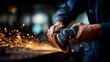 © Kateryna - Grinder sparks flying hands and tool only visor edge visible workshop background defocused metalwork angle grinder fabrication PPE steel construction gritty texture motion