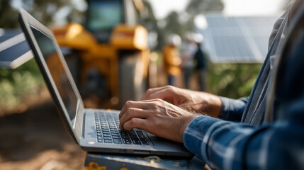 Wall Mural - Laptop on field cart with operator’s hands typing installers blurred behind faces out array defocused renewable energy monitoring project management solar install clean tech