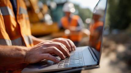Laptop on field cart with operator’s hands typing installers blurred behind faces out array defocused renewable energy monitoring project management solar install clean tech