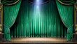 © Juana - empty theater stage with green velvet curtains spotlight showtime copy space