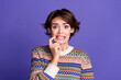 © deagreez - Photo of lovely anxious embarrassed woman wear stylish clothes hand touch face isolated on purple color background