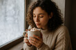 © ALF photo - Femme savourant un chocolat chaud près de la fenêtre en hiver