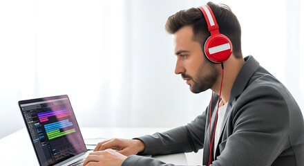 Austrian national day man coding on laptop wearing headphones focused on computer screen software development job at desk