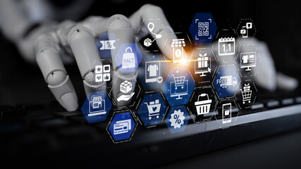 Wall Mural - AI Analyse Omni-channel marketing and online shopping strategies, cross-platform customer experience, brand unification, and integrated marketing communication across digital channels. Entice