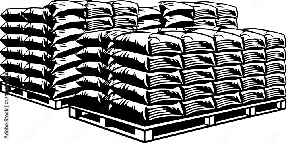 Stacked grain sacks on wooden pallets in warehouse storage. Grain sacks ...