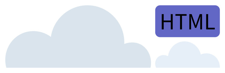 Large and small clouds alongside an HTML tag rectangle. Ideal for web development, coding, cloud hosting, data storage, internet, technology, learning. Simple flat metaphor