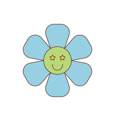 Wall Mural - Groovy y2k flower cartoon smiley in blue and yellow with happy and cute style sticker. This playful sticker shows a groovy element as cheerful pop art, ideal for vintage retro inspired projects.