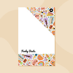Wall Mural - Groovy retro music banner design in a funky and colorful style. This party poster template with cassette, guitar, and microphone brings a vibrant festival background y2k vibes for creative events.