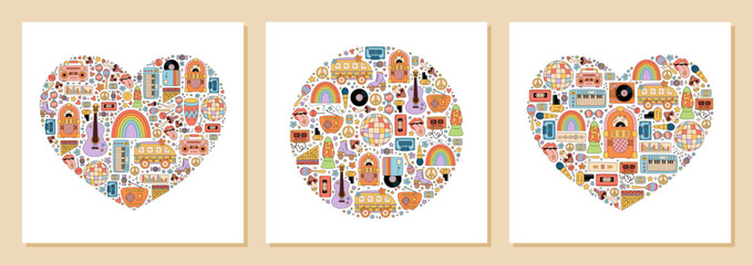 Wall Mural - Groovy retro heart and circle shapes in orange and blue, doodle style set. Music party graphic set with rainbow, cassette, guitar, boombox, camera for festival background or creative use.