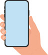© Faisal - A flat vector illustration of a hand holding a modern smartphone with a blank light blue screen, ideal for mockups and displaying mobile content