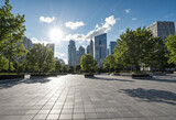 Modern city square, urban skyline, public park, architecture, downtown