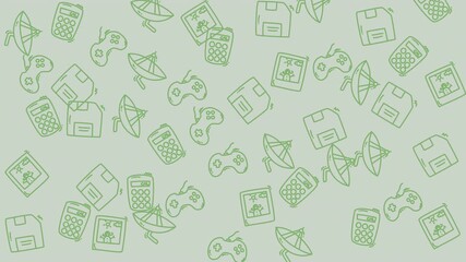 Vintage technology icons like floppy disks and calculators, great for design projects needing a retro tech theme. Perfect for nostalgic designs.