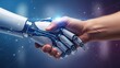 © Audax - Close-up of a handshake between a human and a robot.