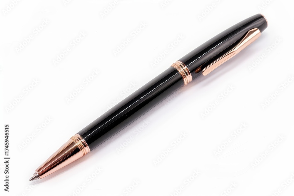 Black pen with rose gold details on white background, simple minimalist design in professional studio style.
