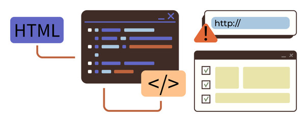 Code editor with lines of code, HTML tag, URL bar, warning sign, and browser layout. Ideal for programming, web design, development, coding technology error debugging simple flat metaphor