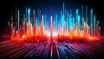 Wall Mural - A vibrant, glowing abstract cityscape pulsates with energy. Vertical light structures rise amidst horizontal streaks. The digital scene uses a warm to cool color palette, hinting at technological adva