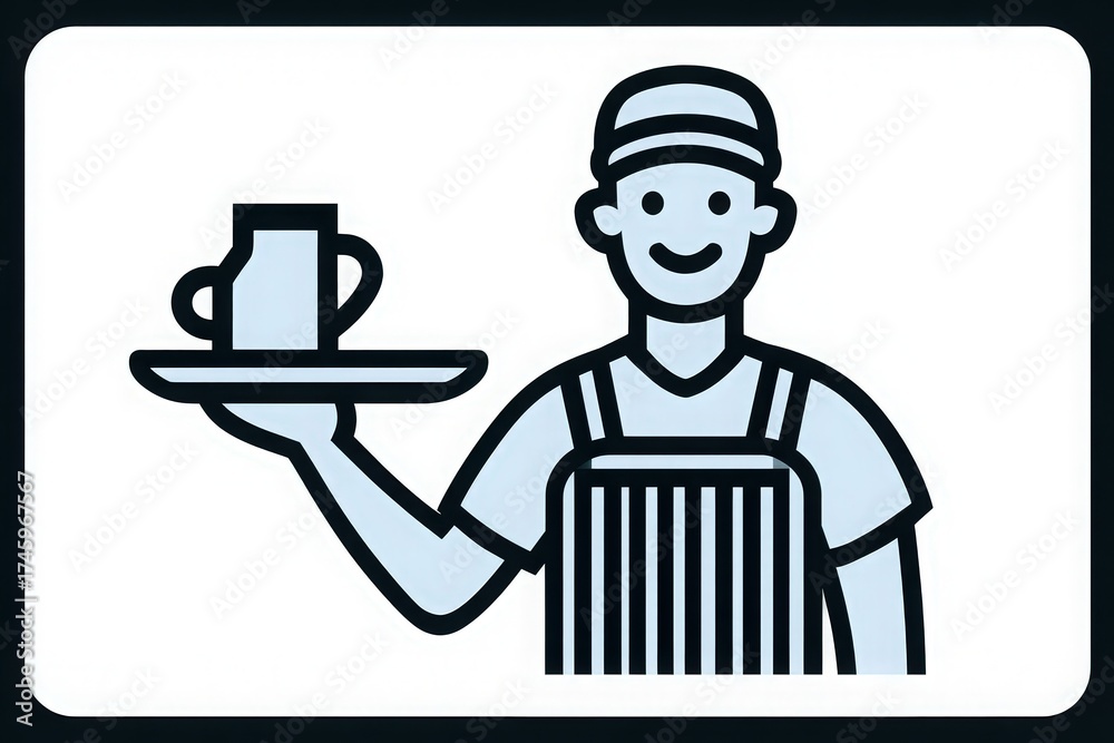 A cheerful server stands holding a tray with a beverage, wearing an apron and cap. The setting suggests a casual dining environment during daylight hours, welcoming guests.